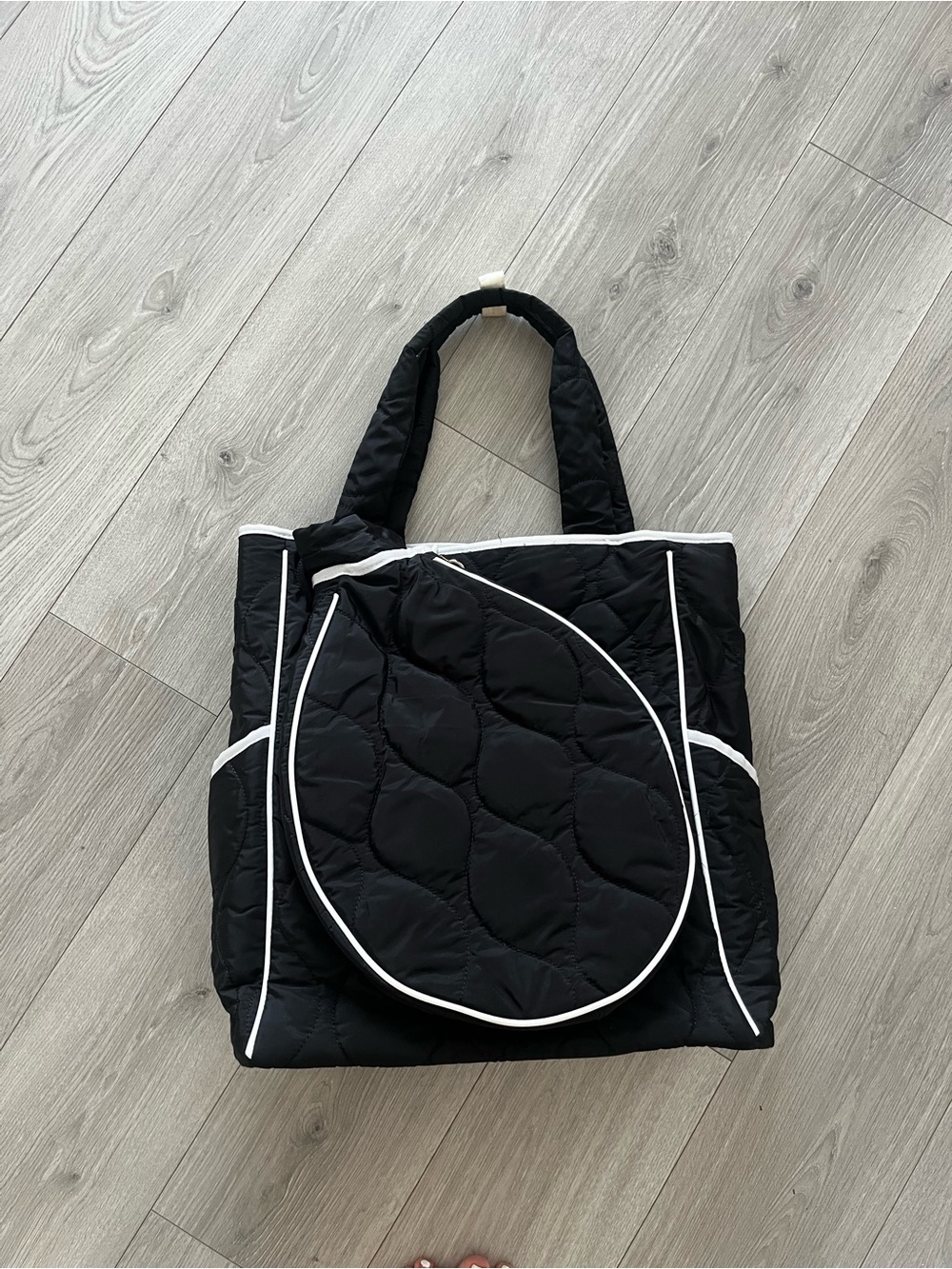 Black Quilted Tennis Tote Backpack with White Piping